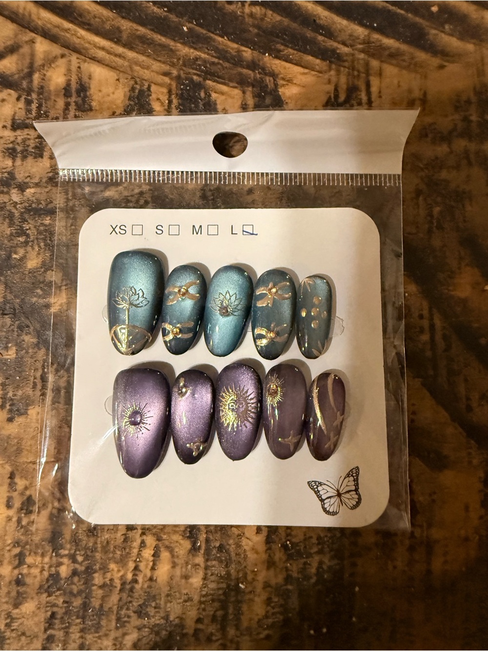 Handcrafted Metallic Blue & Purple Press-On Nails with Gold Accents
